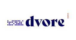 The image features the word dvore in bold, dark blue stylised letters. To the left are blue square dots forming a rectangular shape, and to the right are three small red triangles stacked vertically.