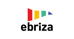 The image shows the word ebriza in black lowercase letters below a colourful, stylised wind sock made of red, yellow, green, and blue segments on a light grey background.
