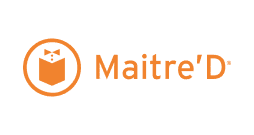 Orange MaitreD logo featuring a stylised bowtie and shirt icon inside a circle, with the text MaitreD in orange to the right, all on a light grey background.