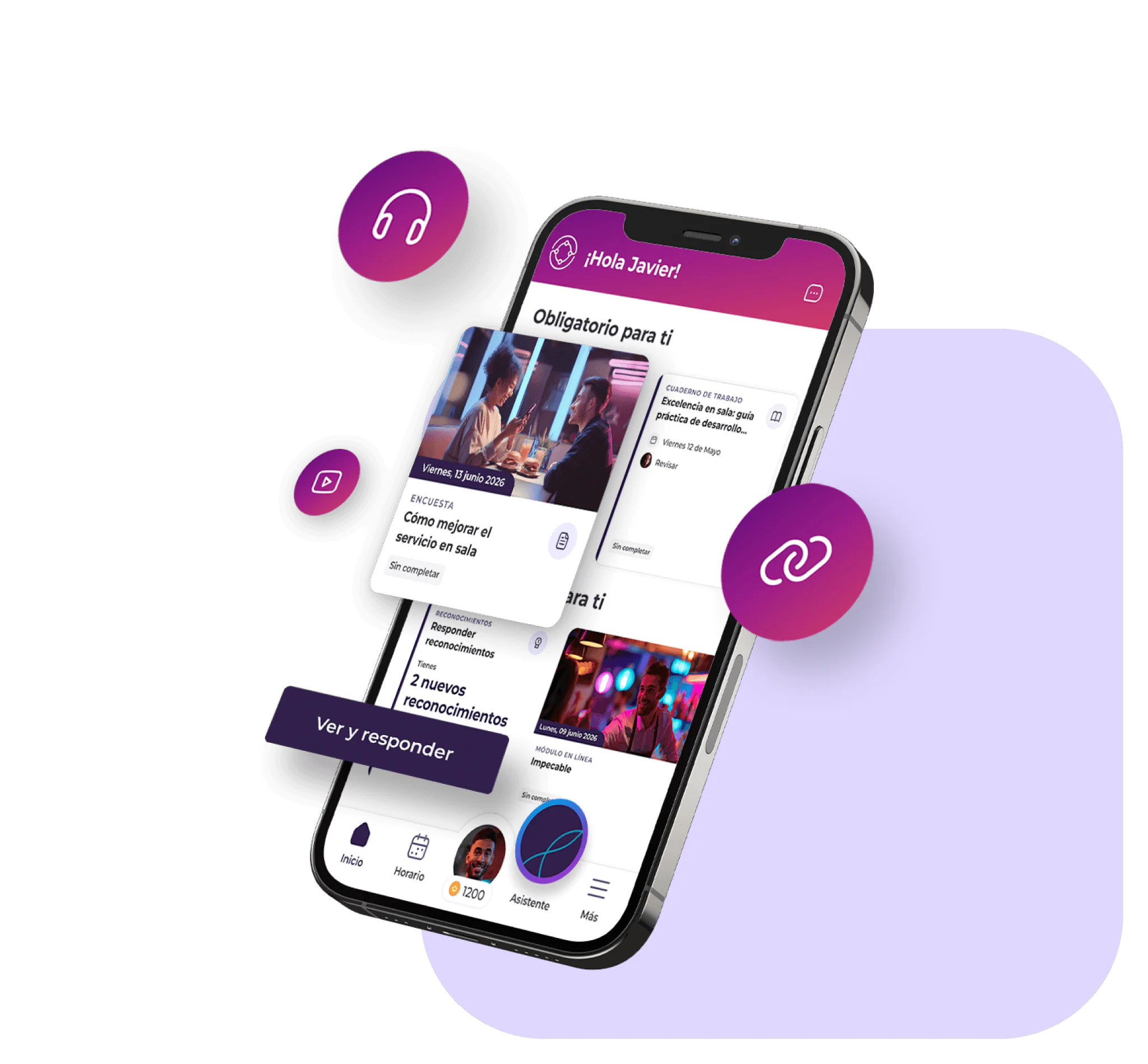 Un smartphone en el que se ve la interfaz de una aplicación muy llamativa en español, con notificaciones, imágenes e iconos de auriculares y enlaces. En la pantalla aparece el mensaje «¡Hola, Javier!» y se muestran opciones para ver y responder.