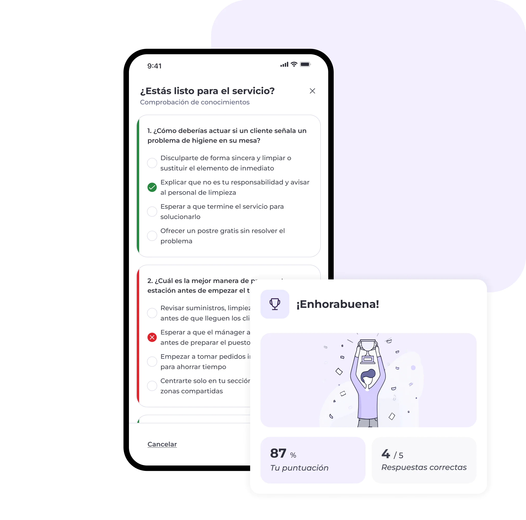 La pantalla de un smartphone muestra un cuestionario en español sobre la preparación para el servicio, con preguntas de opción múltiple. Junto a él, aparece un mensaje de felicitación: «¡Enhorabuena!», acompañado de un trofeo, una puntuación del 87 % y 4 respuestas correctas de 5.