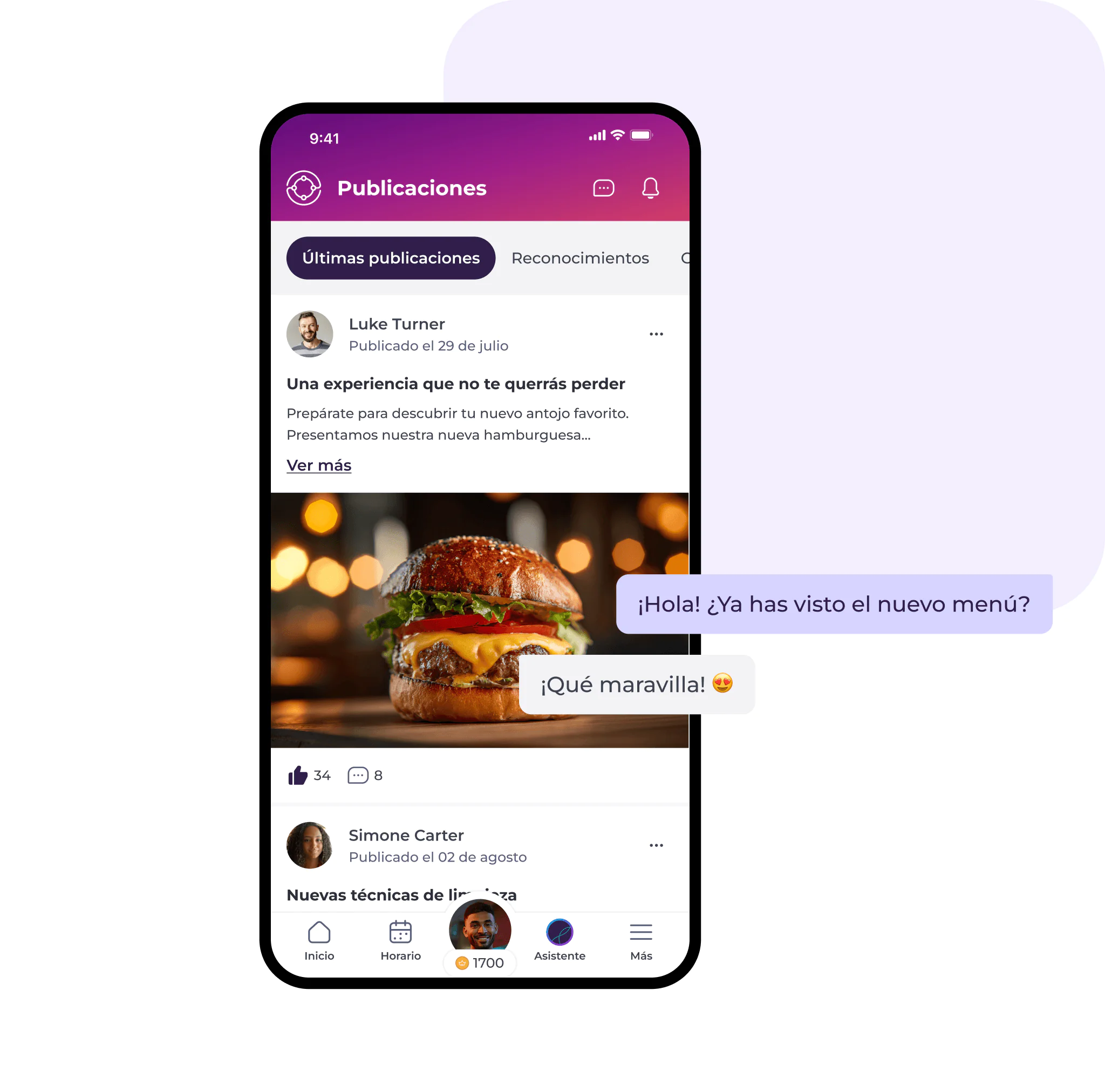 La pantalla de un smartphone muestra un feed de redes sociales con una foto grande de una hamburguesa. A la derecha, aparecen superpuestos unos globos de chat que dicen: «¡Hola! ¿Ya has visto el nuevo menú?» y «¡Qué maravilla! 😍».