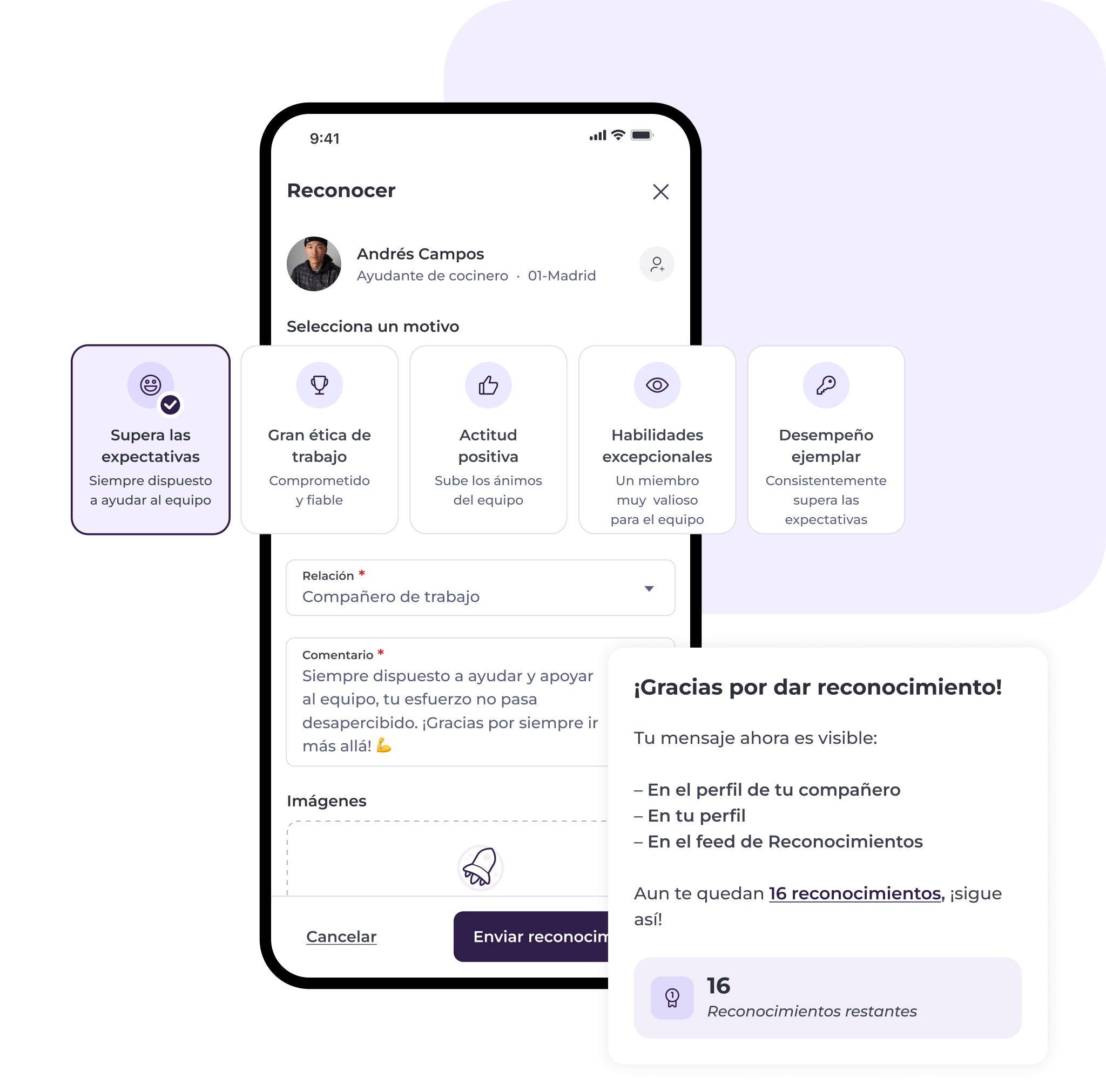 La pantalla de un smartphone muestra una aplicación para reconocer a los compañeros de trabajo. En ella aparecen opciones con motivos como «Supera las expectativas» y un mensaje en el que se agradece a Andrés Campos su trabajo, con los puntos de reconocimiento que se muestran a continuación.