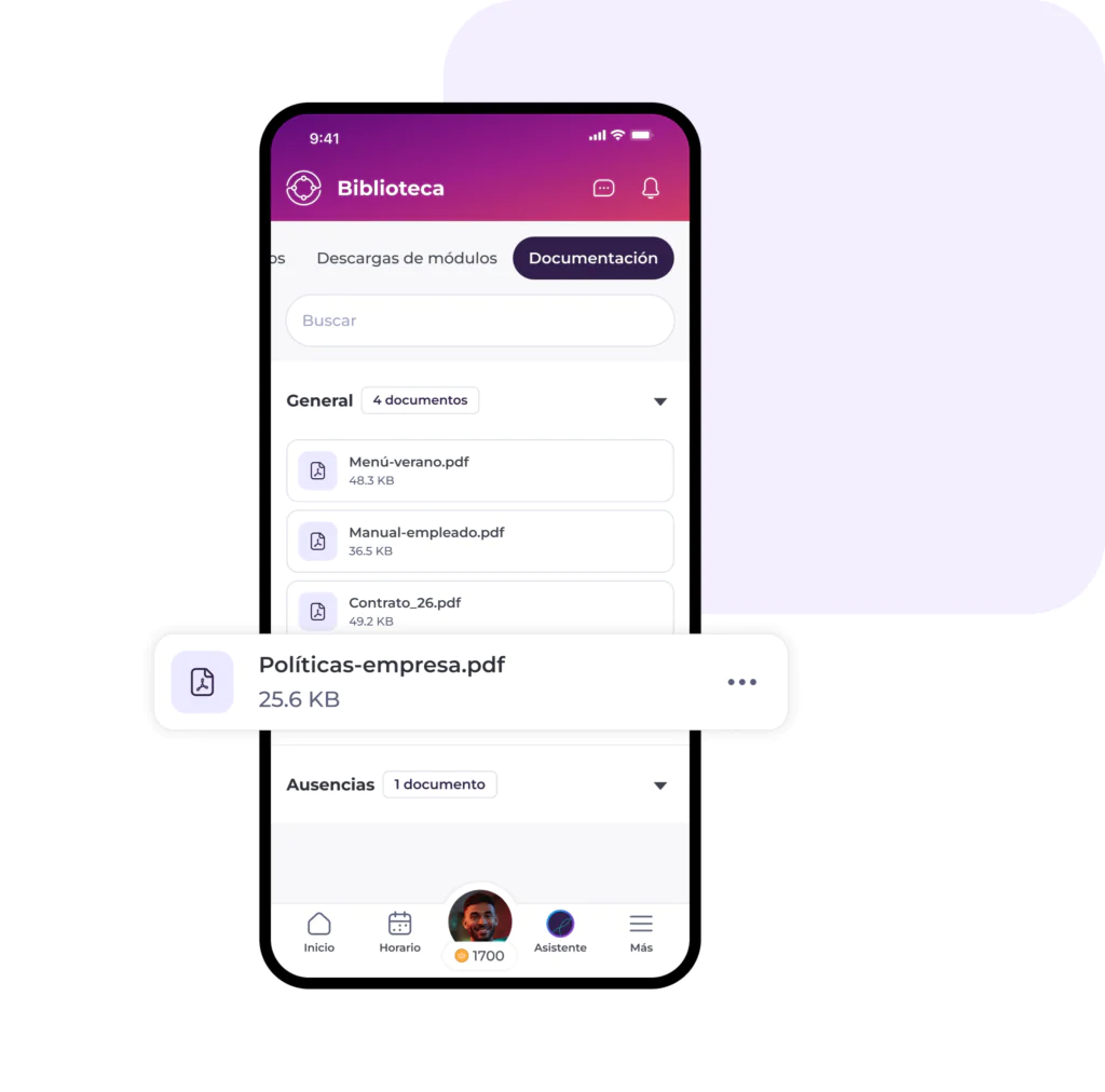 La pantalla de una aplicación móvil muestra una sección llamada «Biblioteca» con pestañas para «Descargas de módulos» y «Documentación». Entre otros documentos, destaca un PDF llamado «Políticas-empresa.pdf» (25,6 KB).