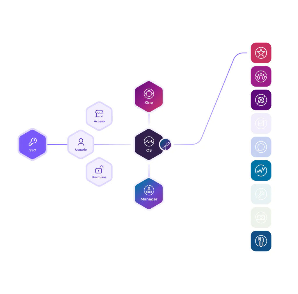 Un diagrama de flujo con iconos hexagonales muestra conexiones desde «SSO» a «Acceso», «Usuario» y «Permisos», luego a «One», «OS» y «Manager», y termina con una fila vertical de 10 iconos de colores a la derecha.