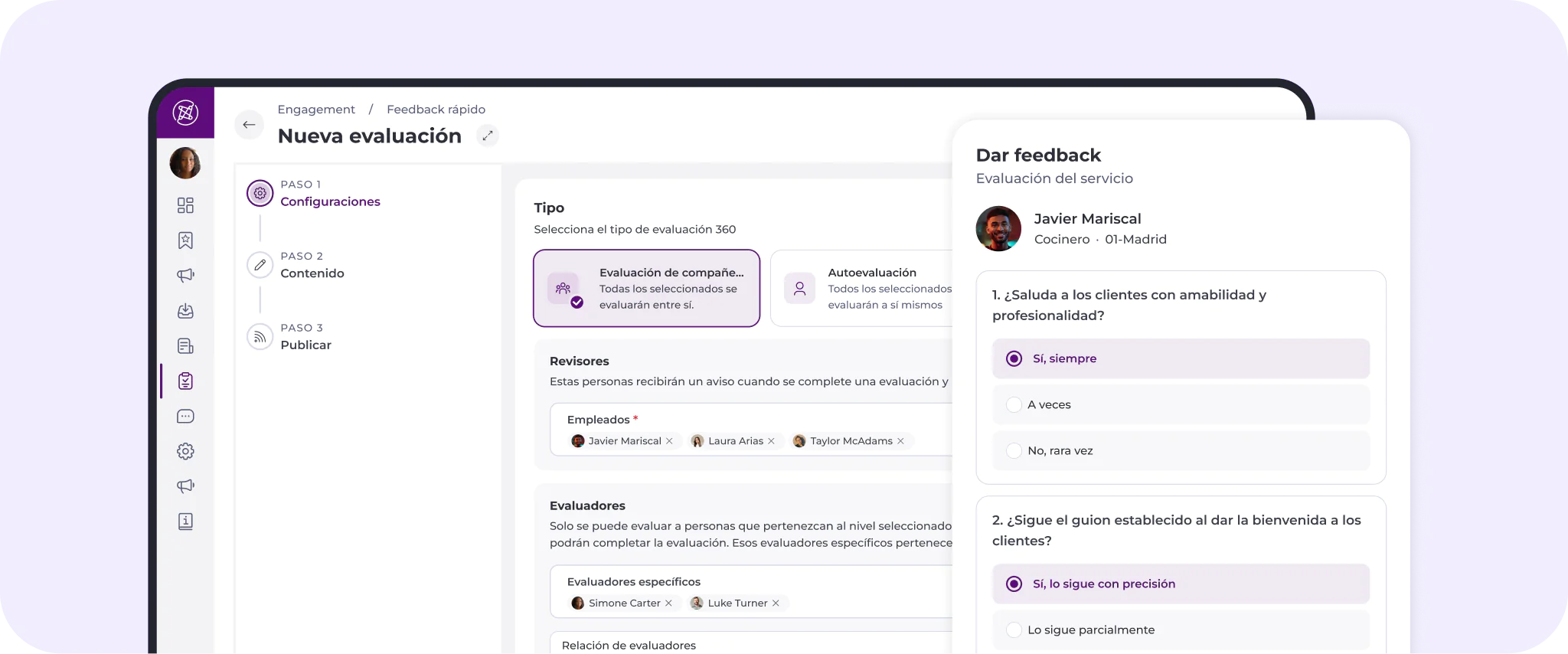 La pantalla de un ordenador muestra una plataforma de evaluación en línea en español, en la que se indican los pasos para crear una nueva evaluación, seleccionar el tipo de evaluación y aportar comentarios mediante preguntas y respuestas seleccionables situadas a la derecha.