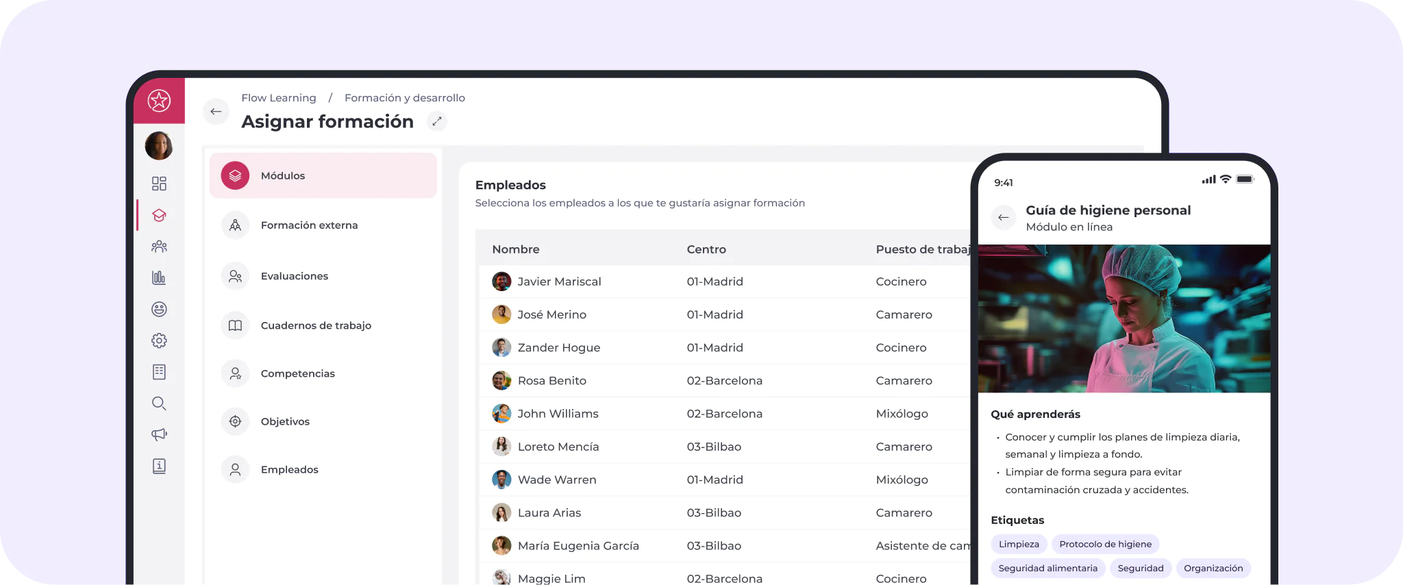 La pantalla de un ordenador de sobremesa muestra una página con las tareas de formación del personal, en la que figuran los nombres y las funciones de los empleados, mientras que la pantalla de un móvil muestra una lección sobre higiene personal con la imagen de un chef y los detalles de la lección.