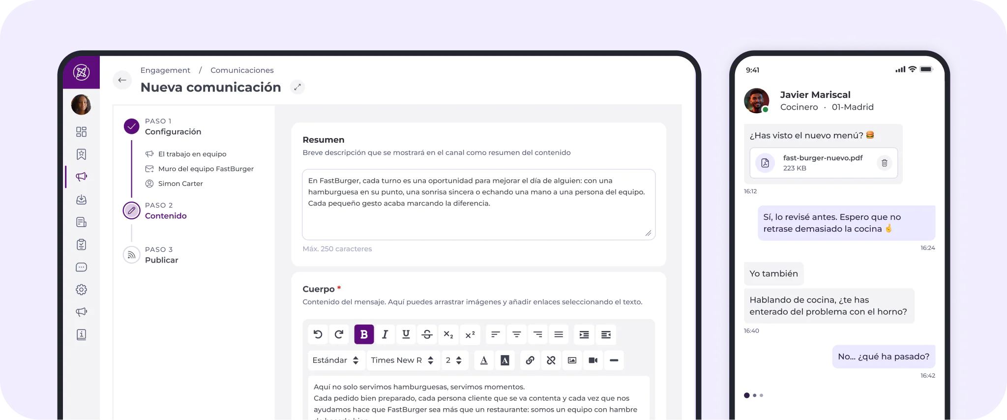 Una interfaz digital muestra una herramienta de comunicación con un editor de mensajes en la pantalla de una tableta y una conversación de chat en la pantalla de un smartphone. El editor incluye opciones de formato y un resumen, mientras que el chat muestra una conversación entre usuarios.