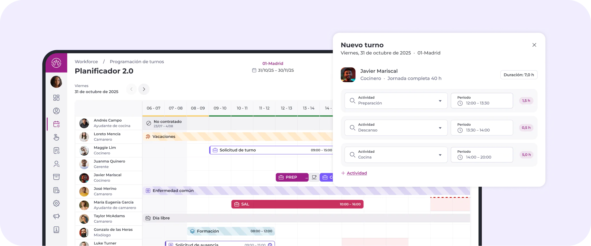 Una interfaz de planificación de turnos digital muestra un horario semanal con los turnos identificados por colores, los nombres de los empleados a la izquierda y una ventana emergente para asignar un nuevo turno, en la que se detallan las actividades, los horarios y la duración.