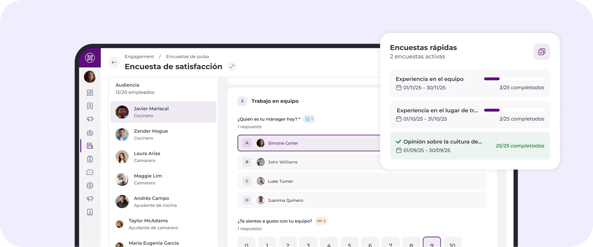 La pantalla de un ordenador muestra un panel de control de una encuesta de satisfacción en español, en el que se pueden ver los perfiles de los usuarios, los comentarios del equipo y las barras de progreso de las encuestas rápidas sobre la experiencia del equipo, la experiencia en el lugar de trabajo y la cultura empresarial.
