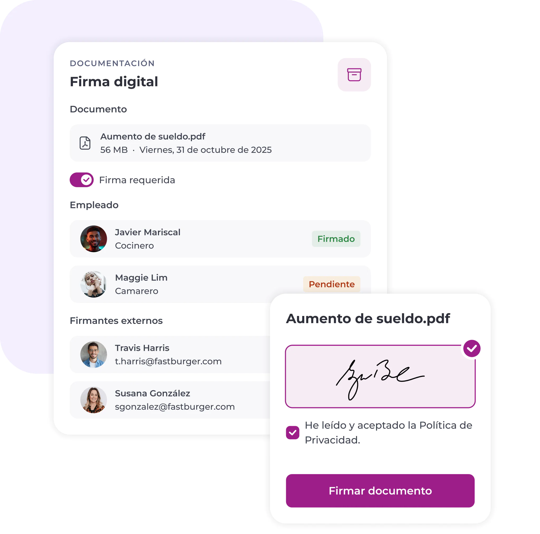Una interfaz de firma digital en español que muestra un documento salarial para su firma. En ella figuran los empleados y los firmantes externos, el estado de la firma y una sección para aceptar la política de privacidad antes de firmar.