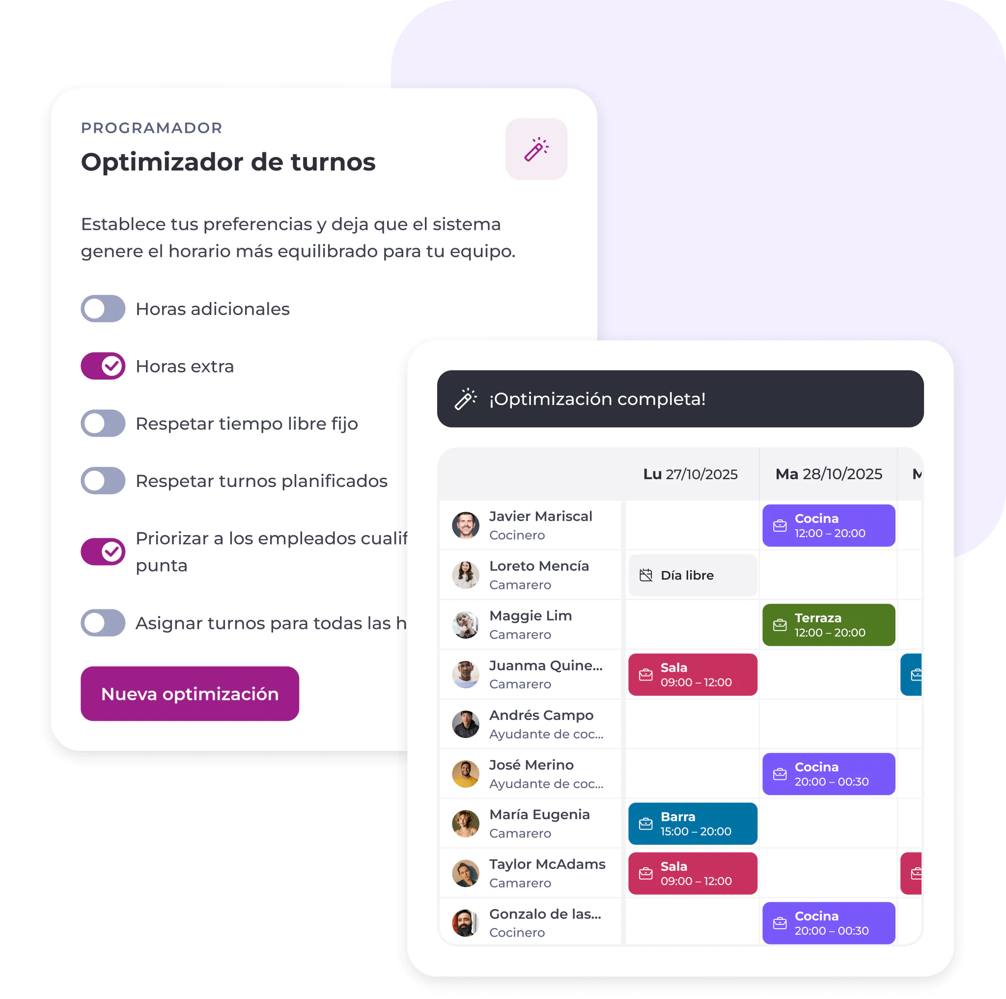 Interfaz de una aplicación de planificación que muestra, a la izquierda, opciones de optimización de turnos y, a la derecha, un calendario de turnos de los empleados codificado por colores para octubre de 2025, en el que figuran los miembros del equipo y sus áreas de trabajo asignadas.