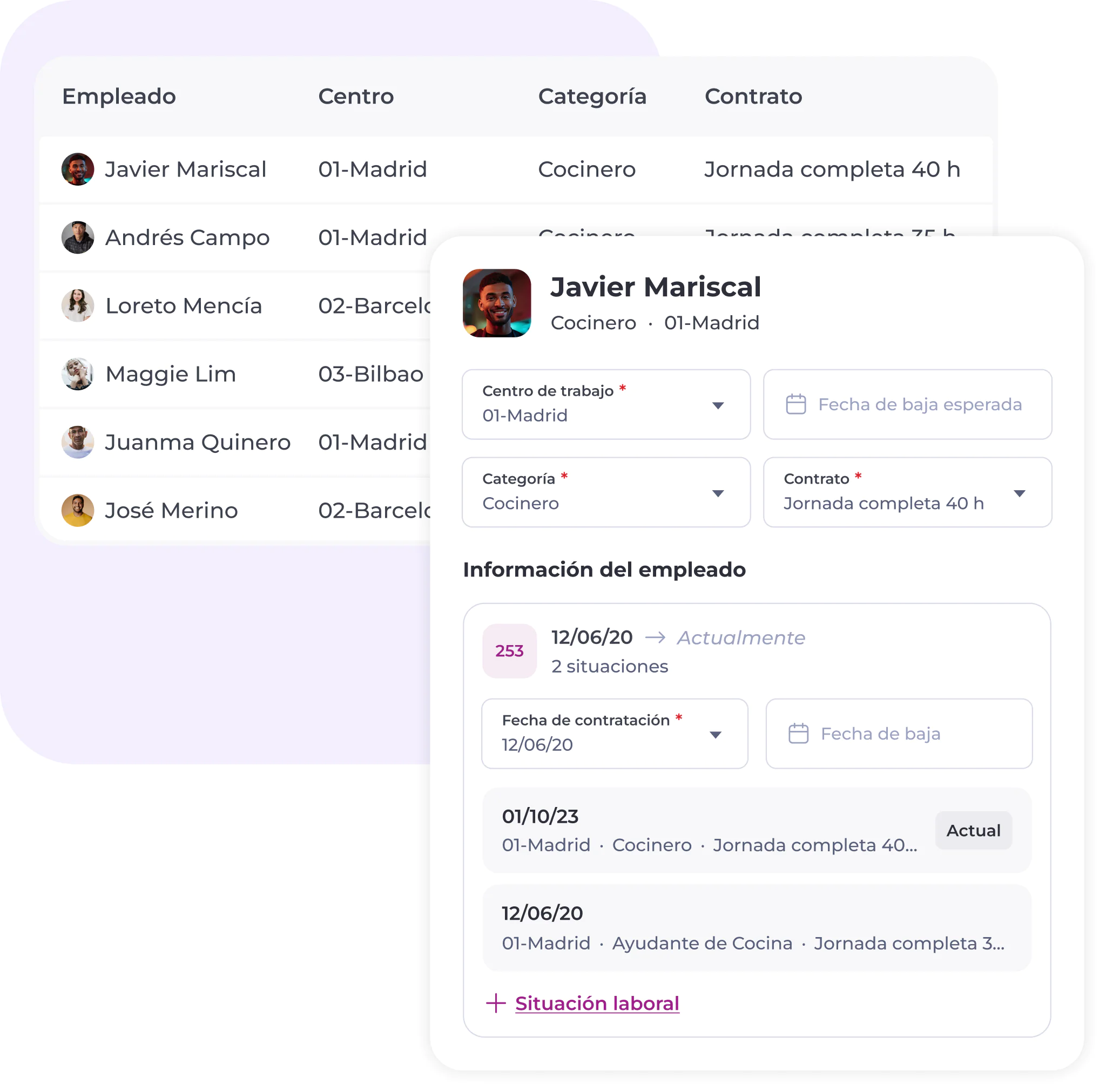 Una tabla recoge los datos de los empleados, con sus nombres, centros de trabajo, categorías y contratos. Una ventana emergente muestra en detalle el puesto, el contrato, el historial laboral y la situación laboral de Javier Mariscal en una interfaz moderna y destacada.