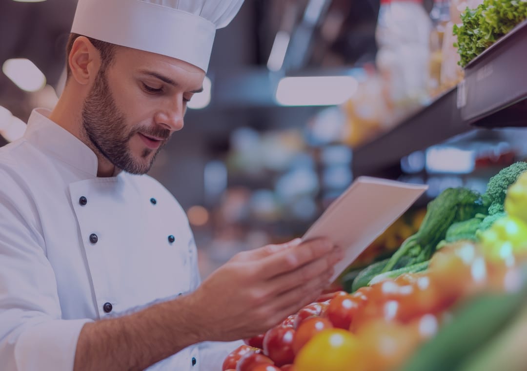 Un chef, con uniforme blanco y gorro, mira una tableta mientras está de pie junto a unas verduras frescas en una tienda de alimentación o en un mercado.