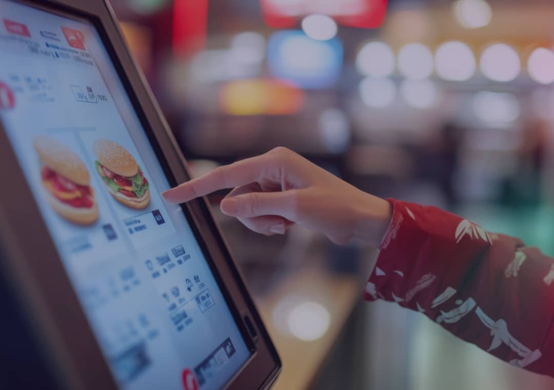 Una persona utiliza un quiosco con pantalla táctil para pedir comida en un restaurante de comida rápida, seleccionando una hamburguesa del menú digital.