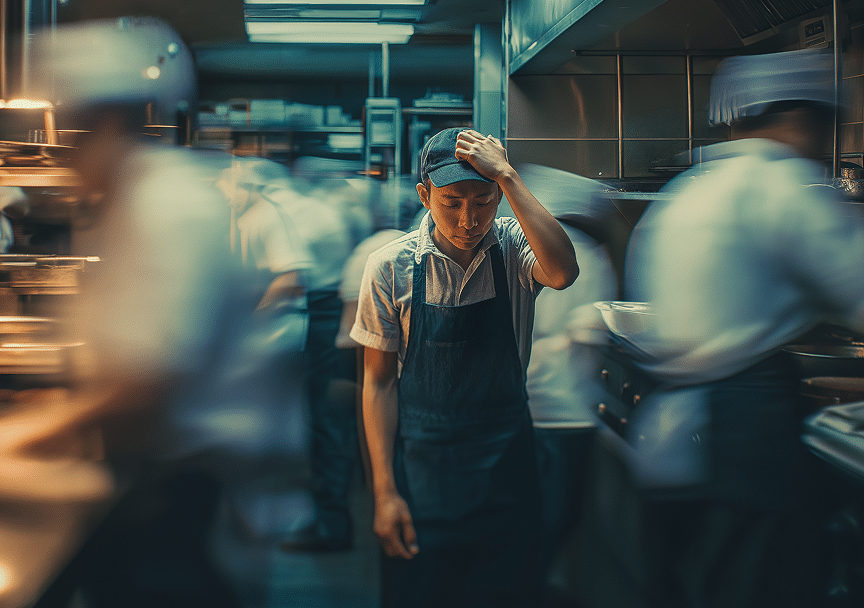 Un chef en una cocina ajetreada permanece inmóvil, con aspecto estresado y una mano en la cabeza, mientras el resto del personal a su alrededor se mueve tan rápido que se ve borroso, lo que pone de relieve el ritmo frenético del lugar.
