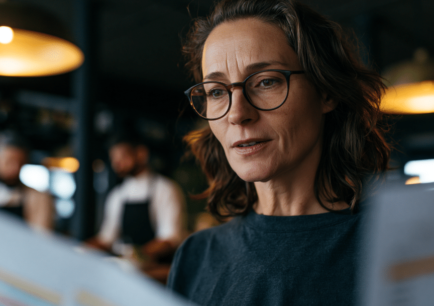 Mujer de pelo castaño y gafas leyendo la carta de un restaurante, con el personal difuminado al fondo.