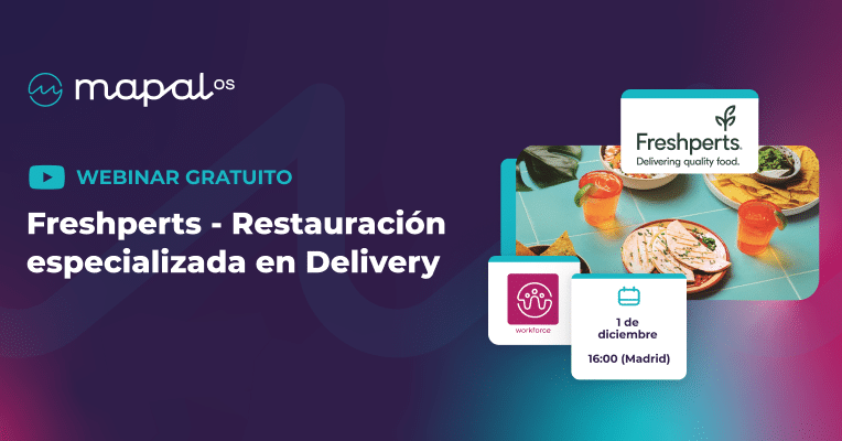 Anuncio del seminario web de Freshperts - Restauración especializada en entrega a domicilio, con logotipos, imágenes de platos y detalles del evento, que tendrá lugar el 1 de diciembre a las 16:00 (hora de Madrid).