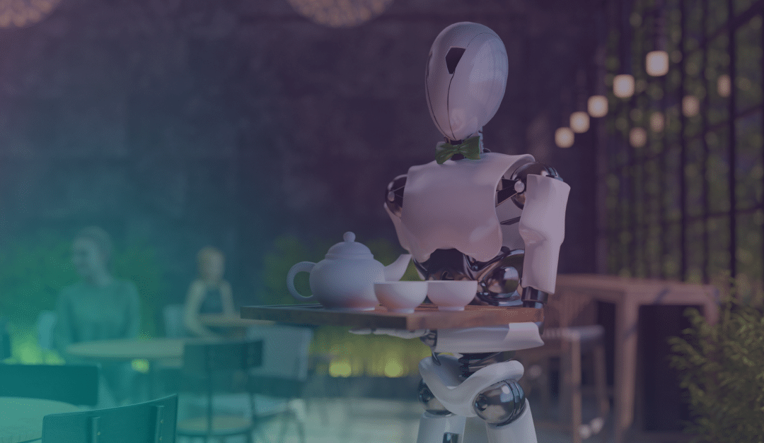 Un robot humanoide que lleva una pajarita verde sostiene una bandeja con una tetera y tazas en una cafetería moderna, con personas difuminadas sentadas al fondo y lámparas colgantes en el techo.