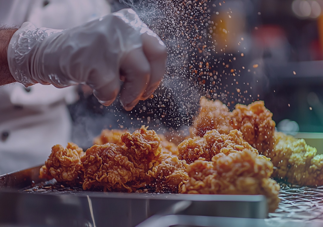Una mano enguantada espolvorea condimentos sobre unos trozos de pollo recién fritos colocados en una rejilla, mientras el vapor se eleva de la comida caliente en el ambiente de una cocina.