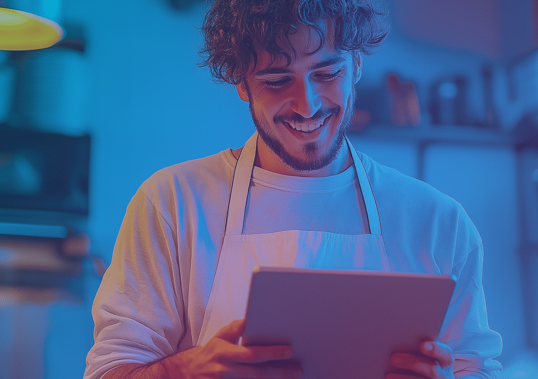 Un joven que lleva un delantal blanco sonríe mientras utiliza una tableta digital en una habitación iluminada con luz azul, posiblemente una cocina o una cafetería.