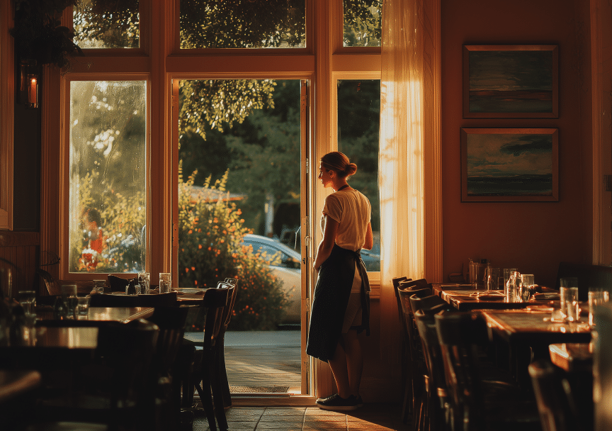 Un camarero está de pie en la entrada de un restaurante con una iluminación cálida, mirando hacia fuera mientras se pone el sol. En el interior se ven mesas vacías con vasos y cubiertos, y la suave luz del sol se cuela a través de los grandes ventanales.