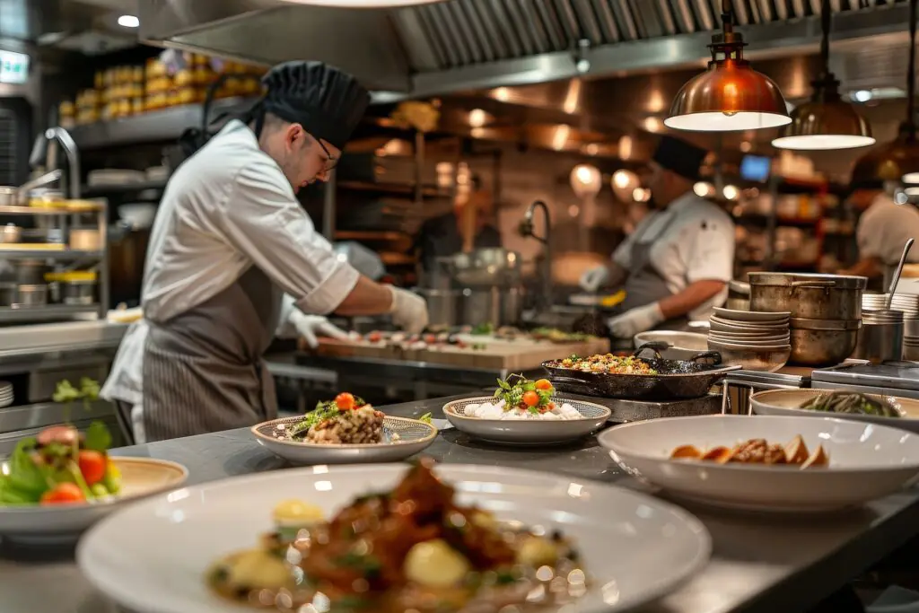 La ajetreada cocina de un restaurante, con cocineros uniformados preparando platos y varias raciones ya emplatadas dispuestas sobre la barra, en primer plano, bajo una cálida iluminación.