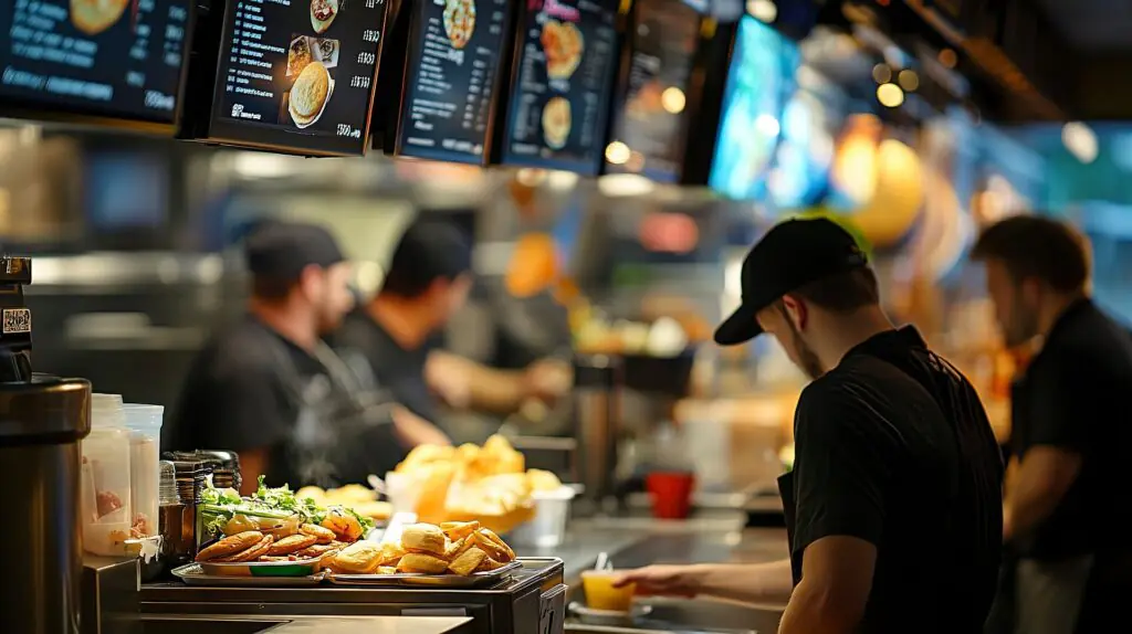 La ajetreada cocina de un restaurante, con los cocineros preparando comida, bocadillos y patatas fritas en la barra, y pantallas digitales con el menú colgadas en el techo. El ambiente es animado y se respira concentración.