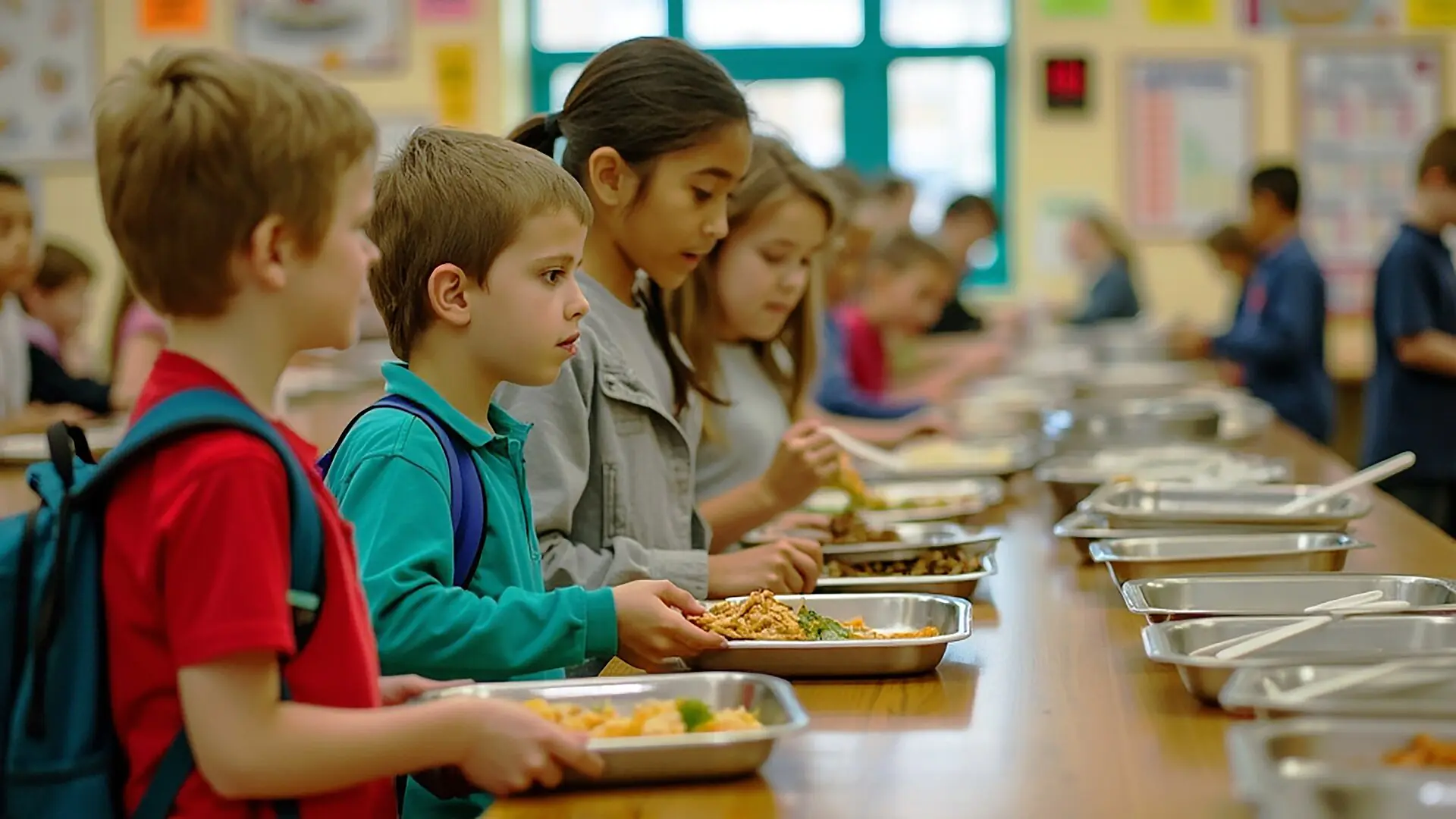 Unos niños hacen cola en el comedor, con las bandejas en la mano, esperando a que les sirvan la comida. Al fondo se ven bandejas con comida variada y carteles de colores en las paredes.