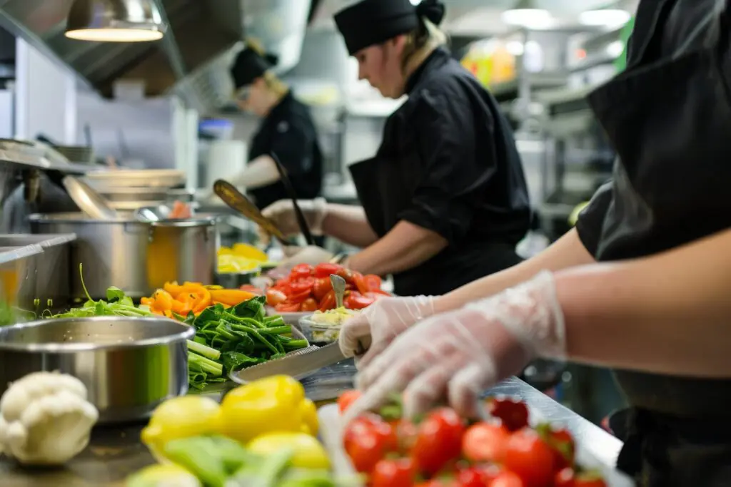 Tres cocineros preparan verduras frescas —como tomates, pimientos y cebollas tiernas— en una encimera de acero inoxidable dentro de una cocina industrial. Los cocineros llevan uniformes negros y guantes.