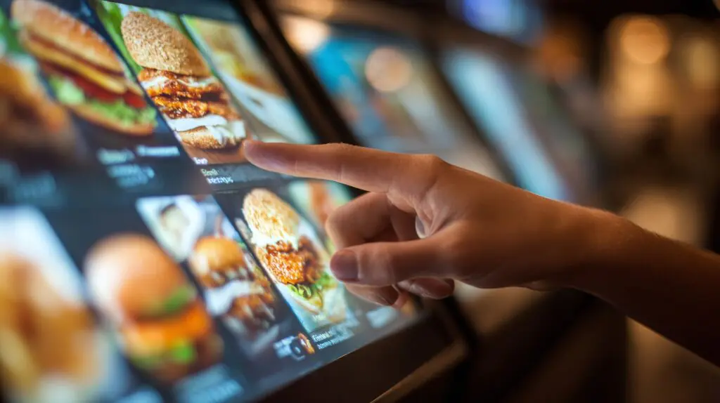 Una mano toca la pantalla de un menú digital en un restaurante de comida rápida y selecciona un sándwich entre imágenes de hamburguesas, patatas fritas y sándwiches de pollo, con un fondo desenfocado.