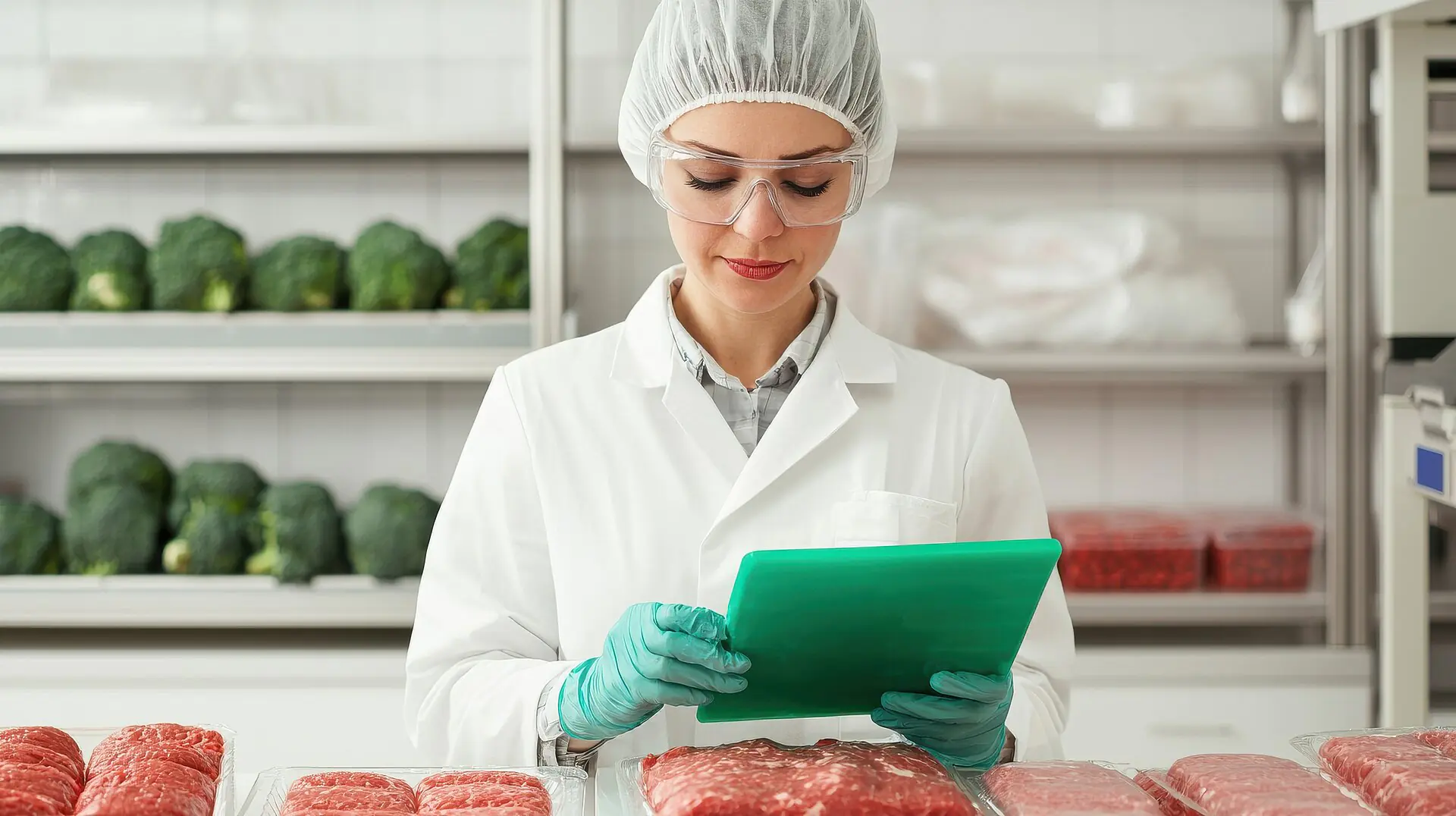 Una científica especializada en alimentación, equipada con material de protección, examina carne envasada con una tableta en un laboratorio, con brócoli y otras hortalizas en las estanterías a sus espaldas.