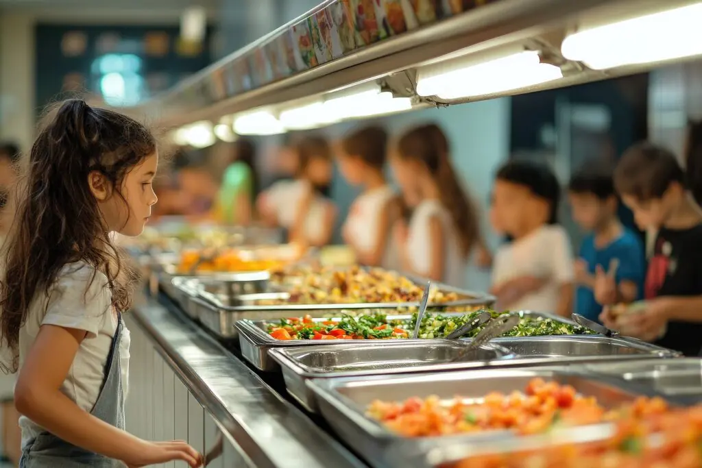 Una niña está de pie delante del bufé del comedor escolar, repleto de bandejas con comida variada, mientras otros niños hacen cola y se sirven en segundo plano.