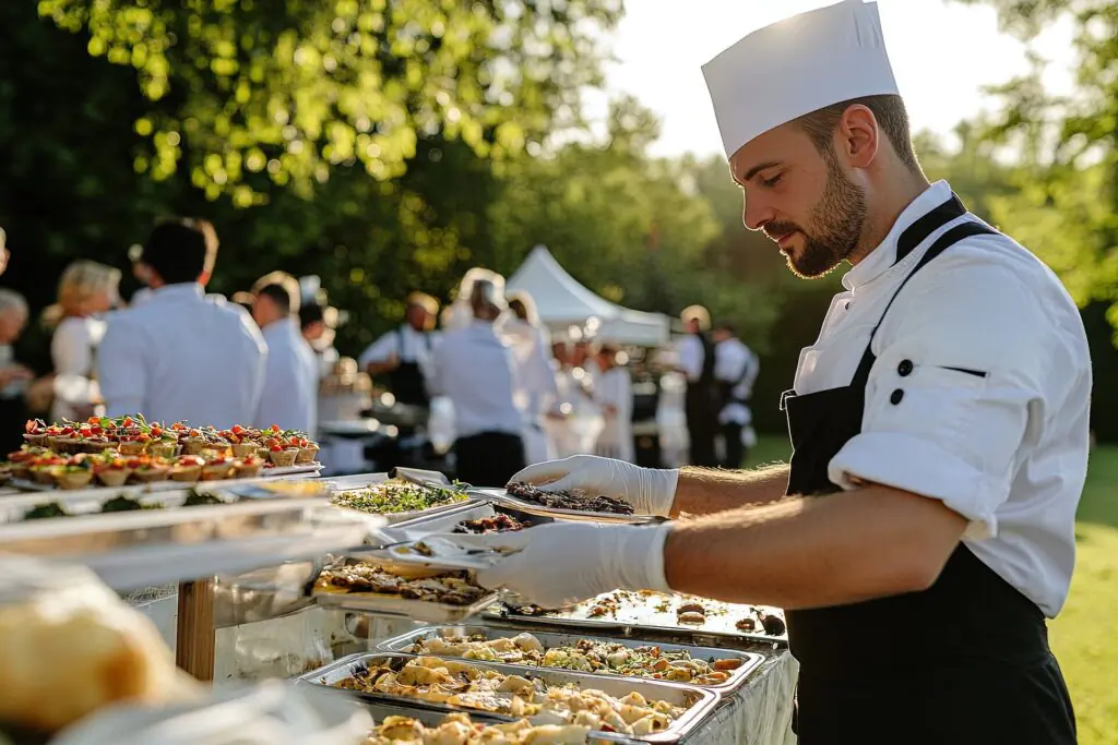 Un chef, con gorro blanco y guantes, sirve comida de unas bandejas de bufé en un evento al aire libre; al fondo se ve al resto del personal y a los invitados entre los árboles y bajo la luz del sol.