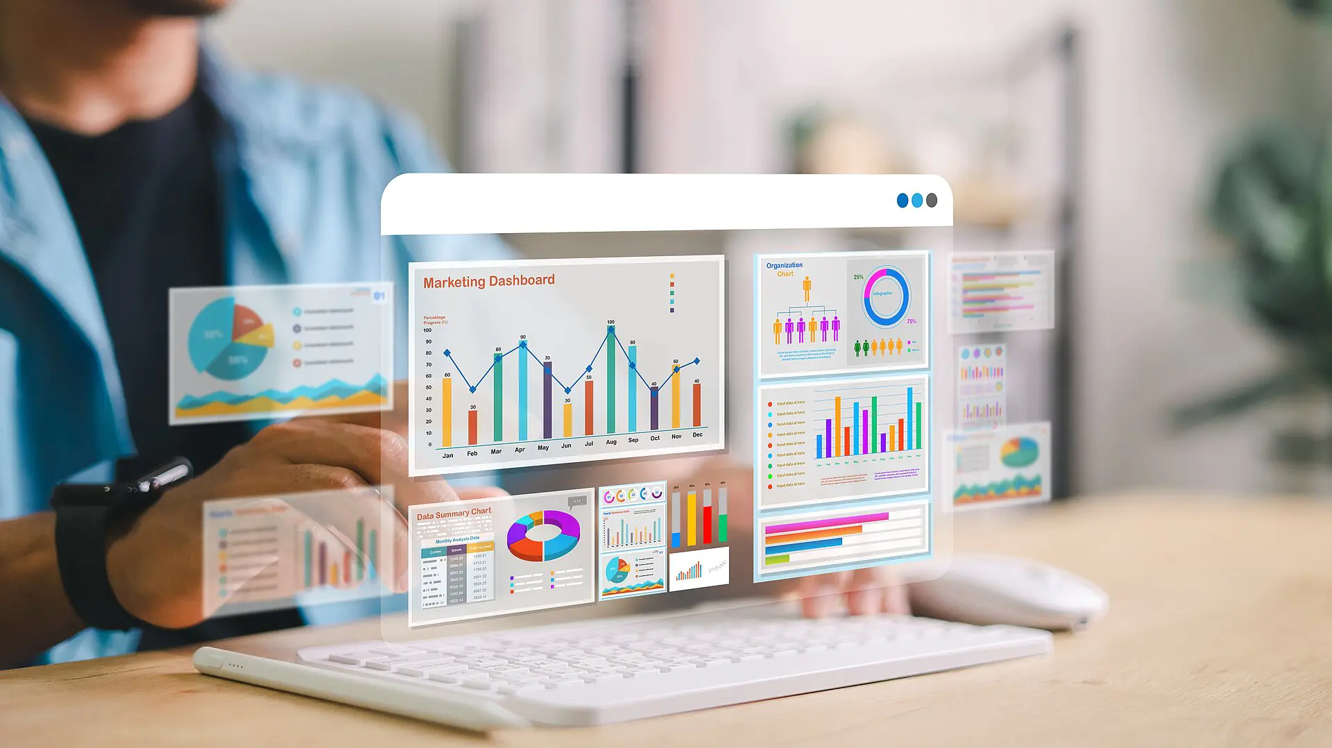 Una persona interactúa con paneles de control de marketing digital flotantes que muestran gráficos coloridos, tablas y datos analíticos en una pantalla virtual situada sobre un teclado.