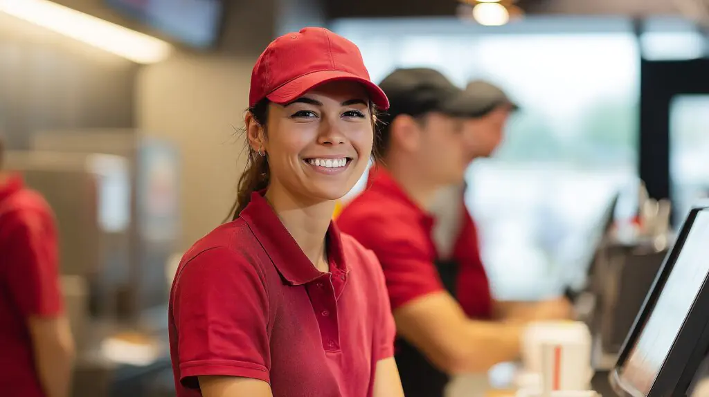Una joven con uniforme rojo y gorra sonríe a la cámara mientras trabaja detrás del mostrador de un restaurante de comida rápida. Al fondo se ven otros empleados.