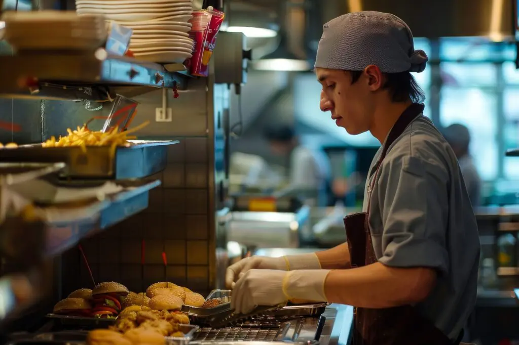 Un joven cocinero, con guantes y un pañuelo en la cabeza, prepara hamburguesas y patatas fritas en la ajetreada cocina de un restaurante, rodeado de platos y utensilios de cocina.