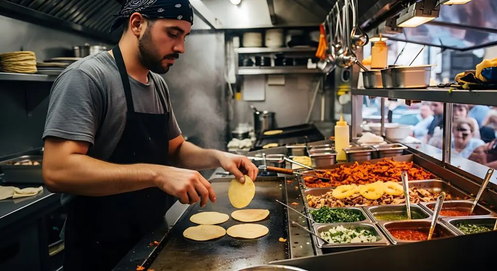 Un chef prepara tortillas en una plancha caliente en una cocina ajetreada, rodeado de bandejas con ingredientes frescos como cebolla picada, cilantro, salsa y carnes sazonadas.