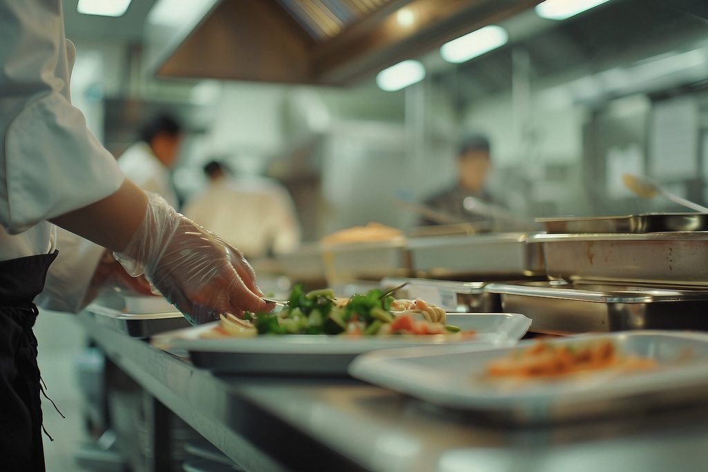 Un chef, con guantes, prepara y emplata la comida en una cocina profesional y ajetreada, con el resto del personal trabajando de fondo.