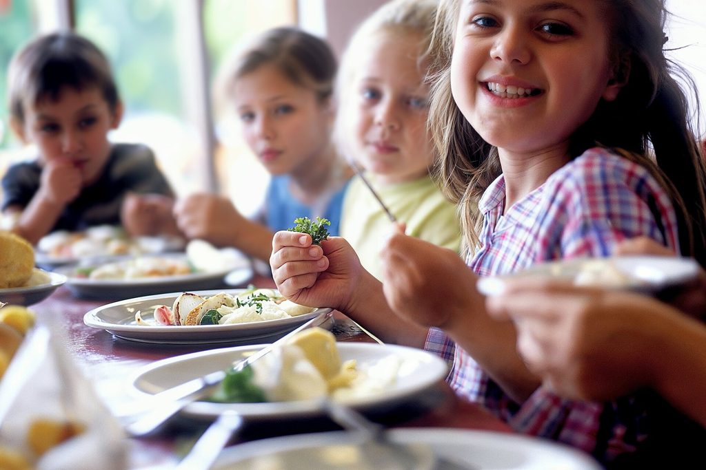 Cuatro niños pequeños están sentados a la mesa comiendo juntos. Una niña, en primer plano, sonríe a la cámara mientras sostiene un plato de comida. Se ven platos, cubiertos y diversos platos, y el ambiente parece animado y luminoso.