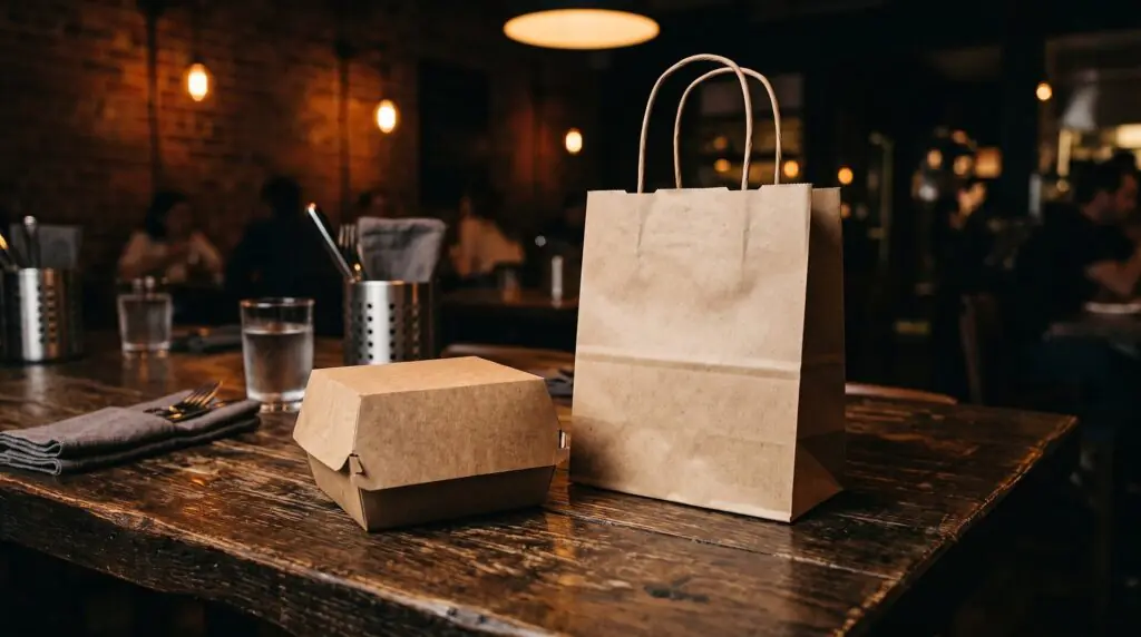 Una bolsa de papel para comida para llevar y un recipiente hermético para alimentos descansan sobre una mesa rústica de madera de un restaurante, junto a vasos, cubiertos y servilletas, en un ambiente acogedor y con luz tenue.