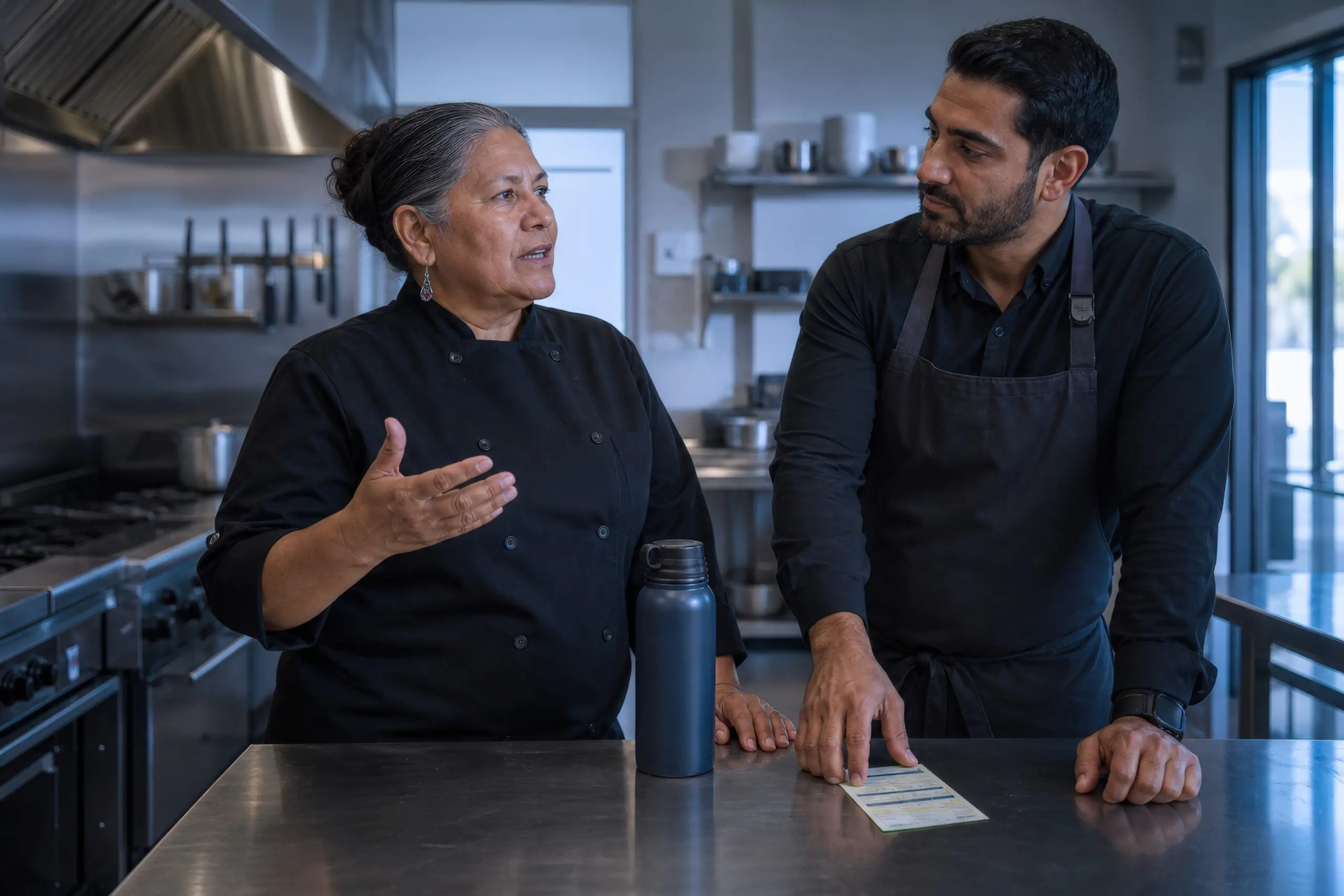 Dos cocineros en una cocina profesional conversan junto a una encimera de acero inoxidable. Uno de ellos gesticula mientras habla y el otro escucha con una mano apoyada sobre un recibo o una hoja de pedido. Hay una botella de agua sobre la encimera.
