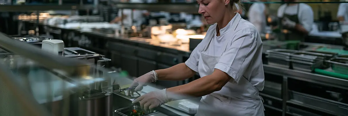 Un chef, vestido con un uniforme blanco y guantes, prepara comida en una cocina profesional, concentrado en colocar los ingredientes en una bandeja, lo que nos permite vislumbrar el futuro de la restauración colectiva en 2027.