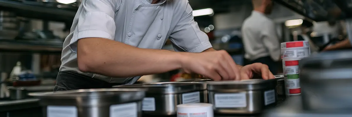 Un cocinero, vestido con un uniforme blanco, prepara la comida en una cocina profesional, colocando con cuidado los ingredientes en recipientes metálicos sobre una encimera, lo que refleja los estándares de la restauración colectiva de 2027.