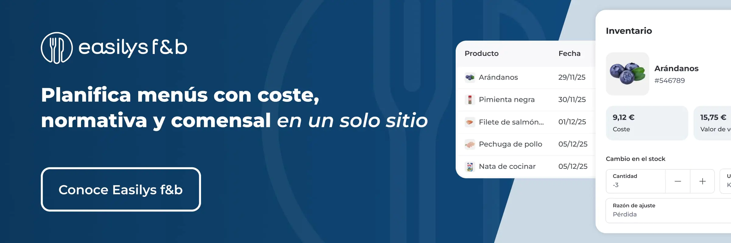 Cartel en español de Easilys f&b, ideal para la restauración colectiva en 2027: planificación de menús, inventario y costes de productos. Lista de productos con precios y botón: Descubre Easilys f&b.