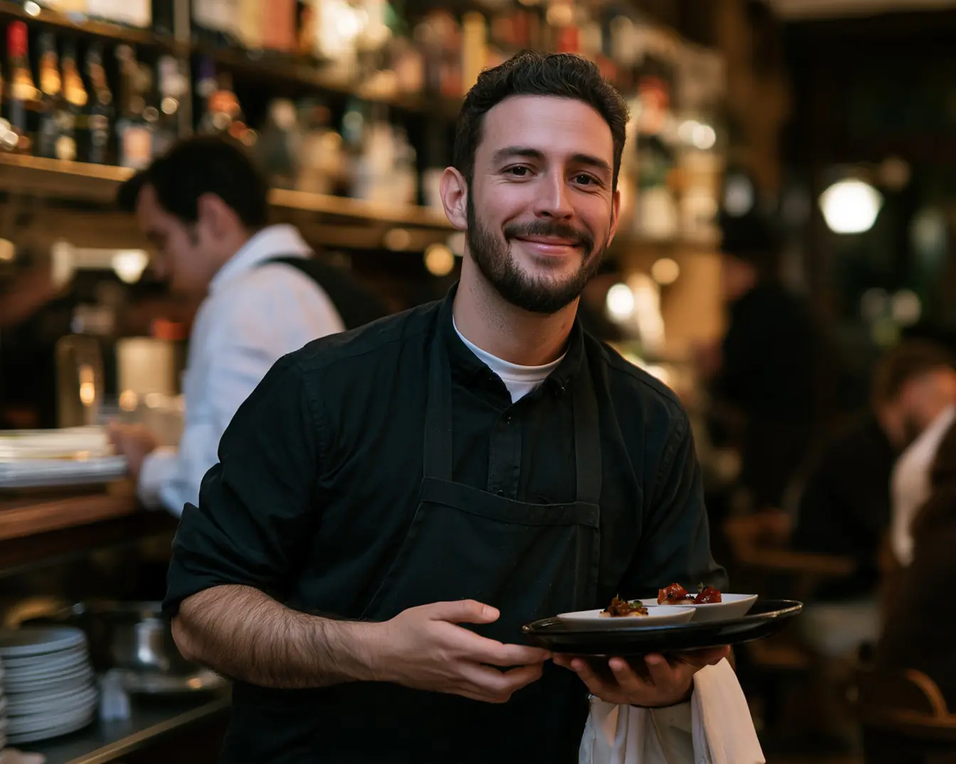 Un camarero sonriente, con camisa negra y delantal, sostiene una pequeña bandeja con dos platos de aperitivos en un restaurante que refleja los cambios en la restauración española de 2027.