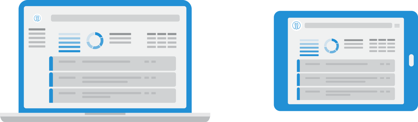 Une tablette et un ordinateur affichant un logiciel de gestion pour la restauration collective, Easilys Collective.