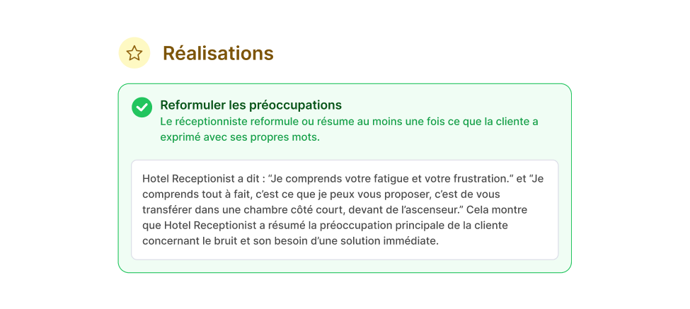 Une fiche pédagogique en français intitulée « Réalisations » explique comment les réceptionnistes doivent reformuler les préoccupations des clients ; elle comporte un exemple de dialogue présenté dans un encadré en surbrillance et une coche verte indiquant que l'objectif a été atteint.