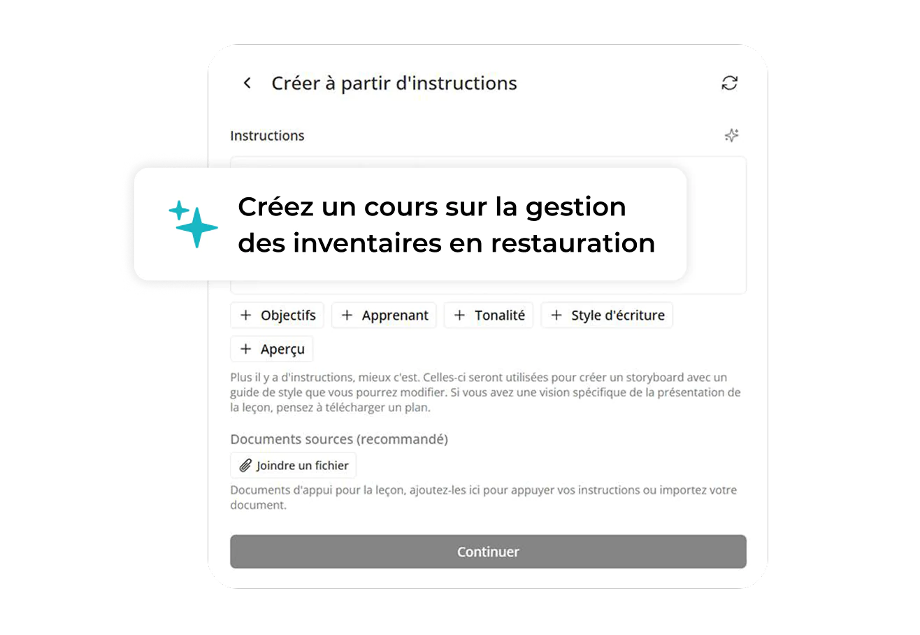 Une interface en français invite l'utilisateur à « Créer un cours sur la gestion des stocks dans la restauration », avec des options telles que « Objectifs », « Apprenant », « Tonalité », « Style d'écriture » et « Aperçu » affichées en dessous.