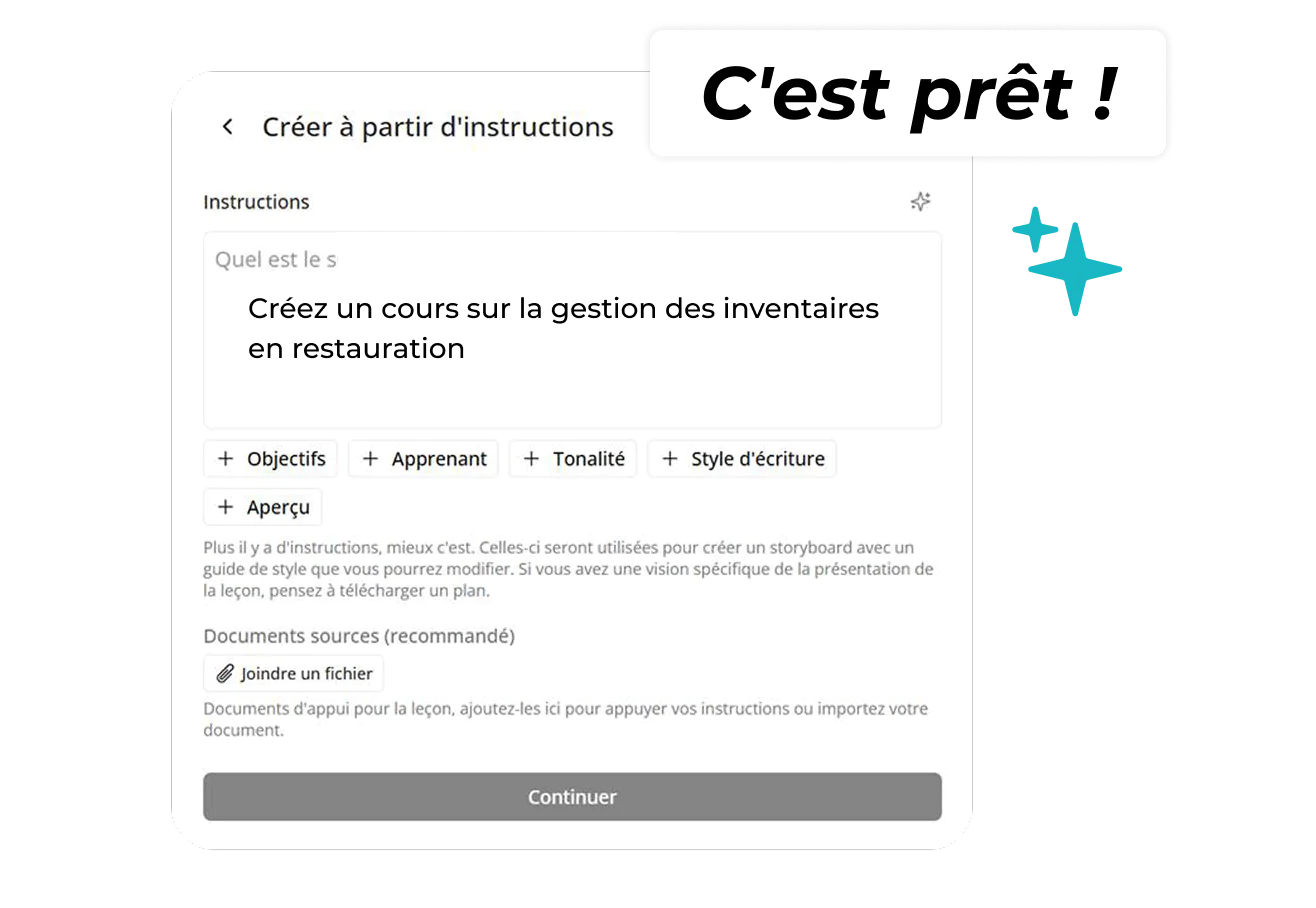 Capture d'écran d'une interface en français permettant de créer un cours, avec l'exemple suivant : « Créez un cours sur la gestion des stocks dans la restauration ». En haut à droite, une bulle indique « C'est prêt ! » accompagnée de deux étoiles.